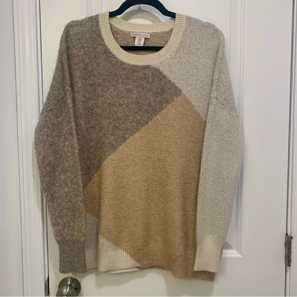 Sincerely Jules Brown Tan Cream Colorblock Knit Crew Neck Sweater Size Medium